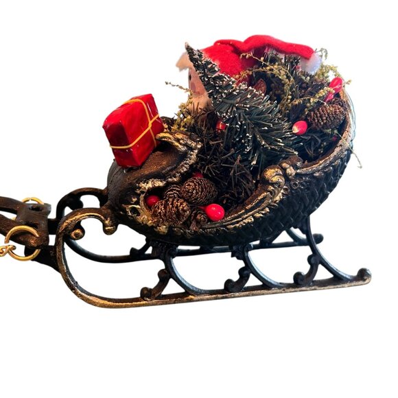 Vintage Cast Iron Metal Christmas Sleigh Reindeer And Santa Assemblage Decor - Picture 9 of 11